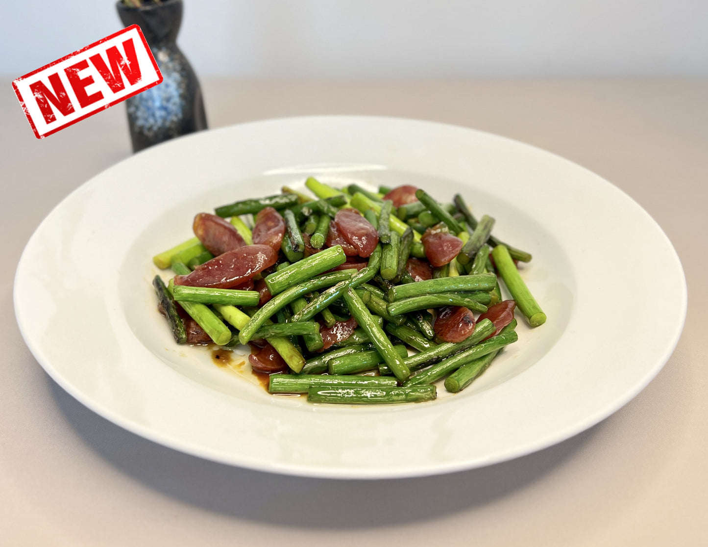 Stir Fried Chinese Sausage (Lap Cheong) with Garlic Moss