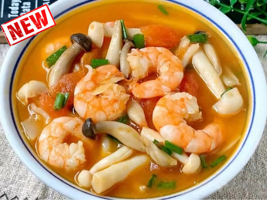 Tomato and Mushroom Soup with Prawns